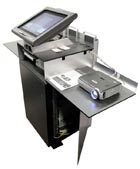 ILS 24D Lectern. Solid user-configurable system that is prepared to support two large monitors for double interaction, very neatly pre-wired solution, to which the user adds 2 VESA mountable touch screens on the tiltable cross bar, his PC, visualizer and microphone. The system has a 3 PC KVM switch + Extron 4-way and 2-way VGA switches and 2 splitters already integrated for any independent use of any of the lectern display and the two independent projections. A full 19" rack space is provided behind the lockable door.The ILS-24D comes optionally pre-configured with 2 Smart Technologies DT770 Sympodiums and Smart software or other ILS touch displays and EZcontrol. Made in Germany. 